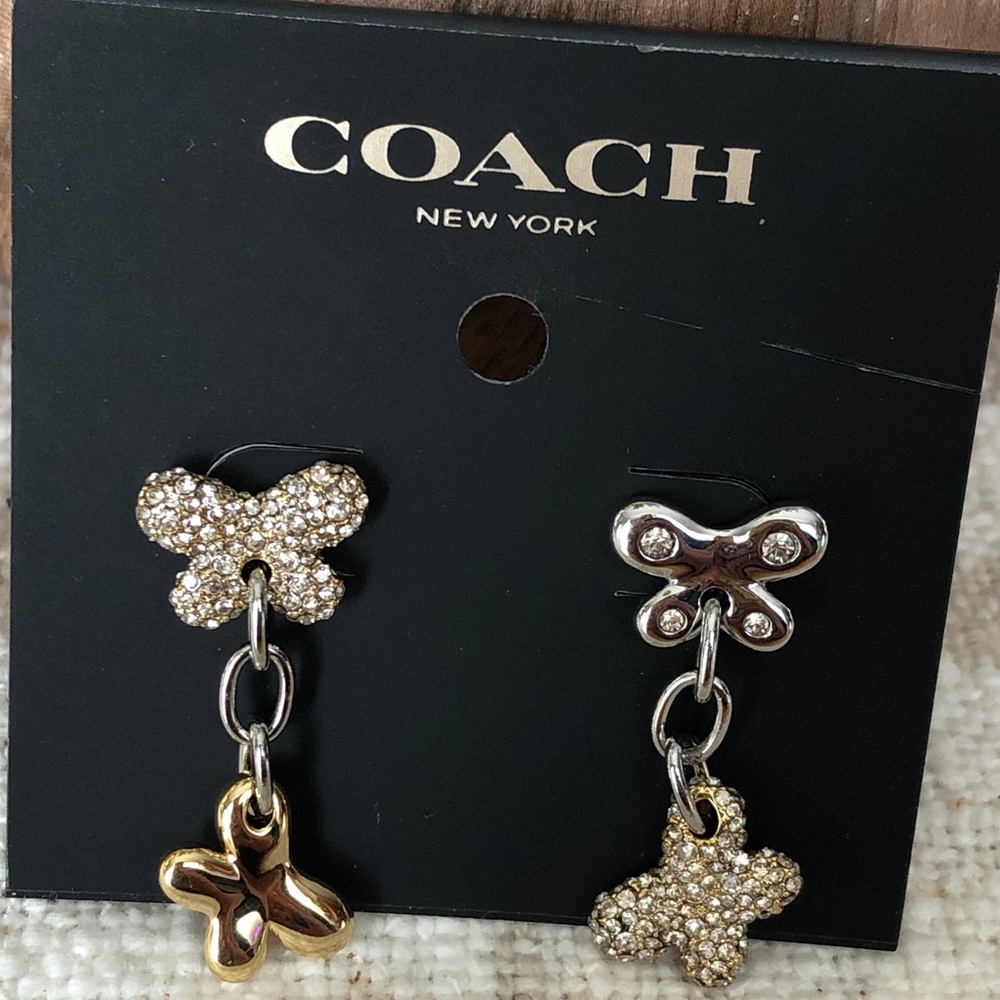 Coach Two-Tone Double Butterfly Drop Earrings Pave Crystal Accents NWT - Picture 4 of 12